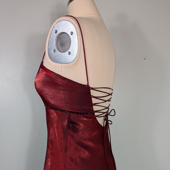 Vintage Prom Dress Maxi Gown 8 Red 90s Y2K Corset Nites Goth Satin Glam Grunge - Picture 4 of 12